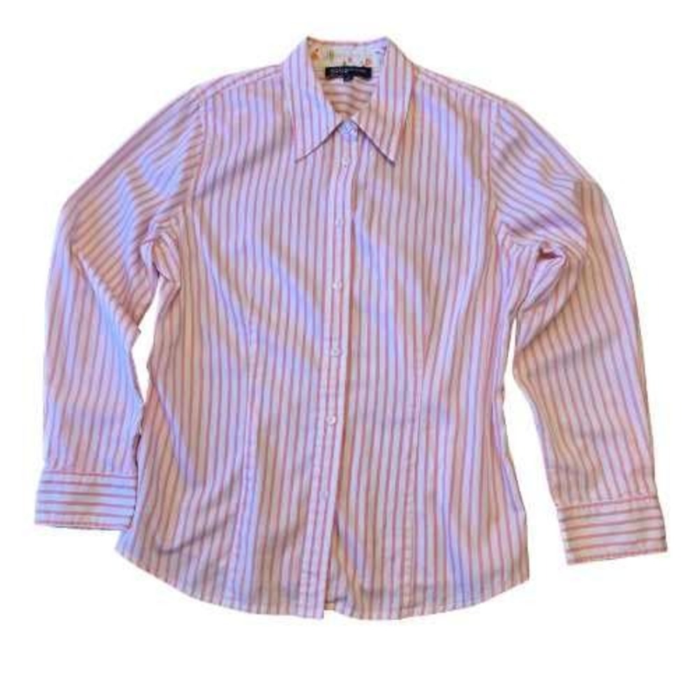 Jones NY Pink White Stripe Button Down Shirt Womens Size L Collared Long Sleeve‎